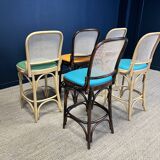 Lot de 5 chaises hautes bois clair et bois foncé avec cannage