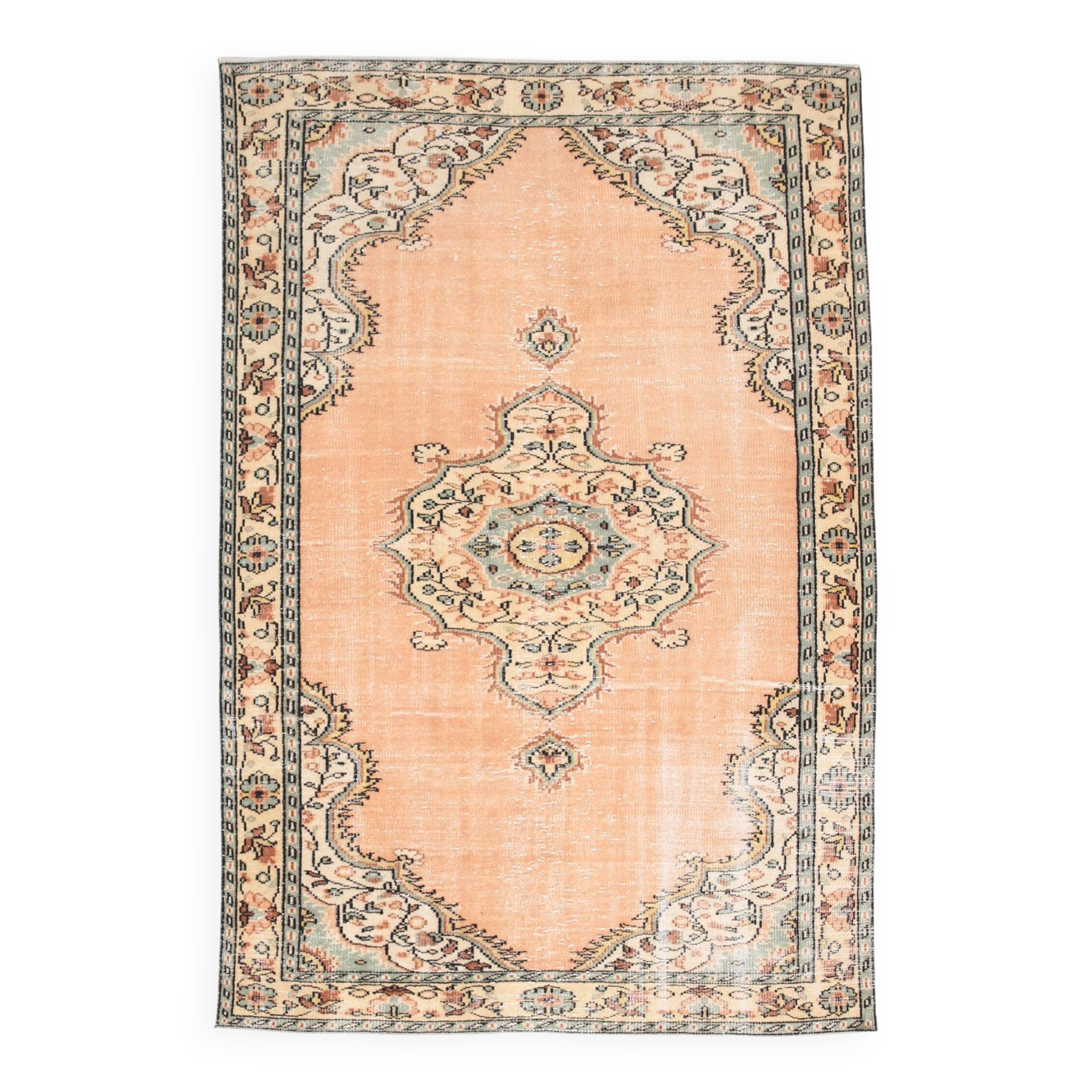 6x9 Peach & Light Green Oriental Vintage Area Rug, 183x273Cm