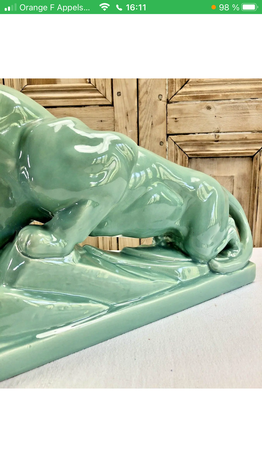 Cracked lioness sculpture art deco 1930 signed odyv