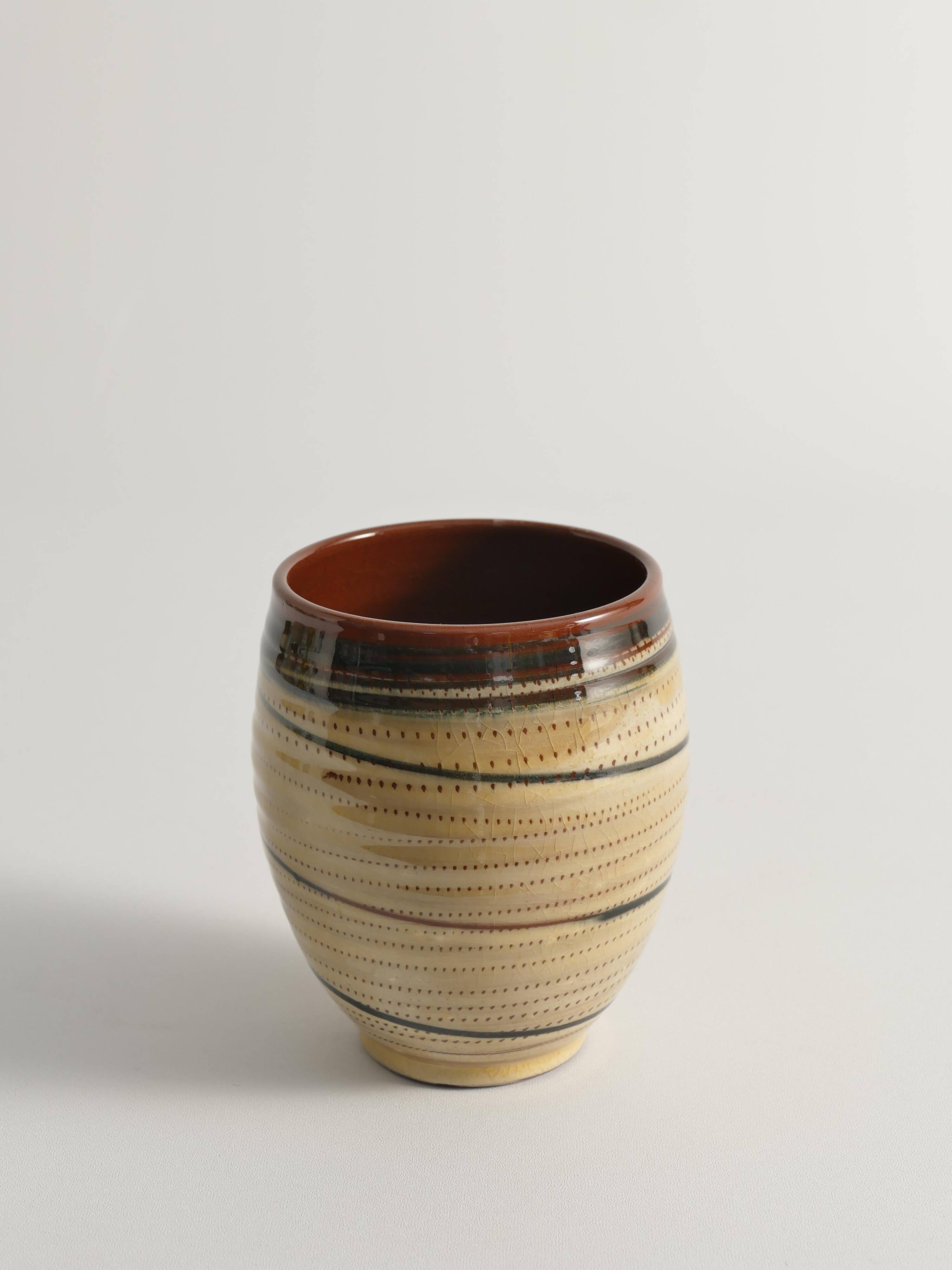 Hand-Painted Earthenware Vase with Creme and Black Graphic Decor, Sweden