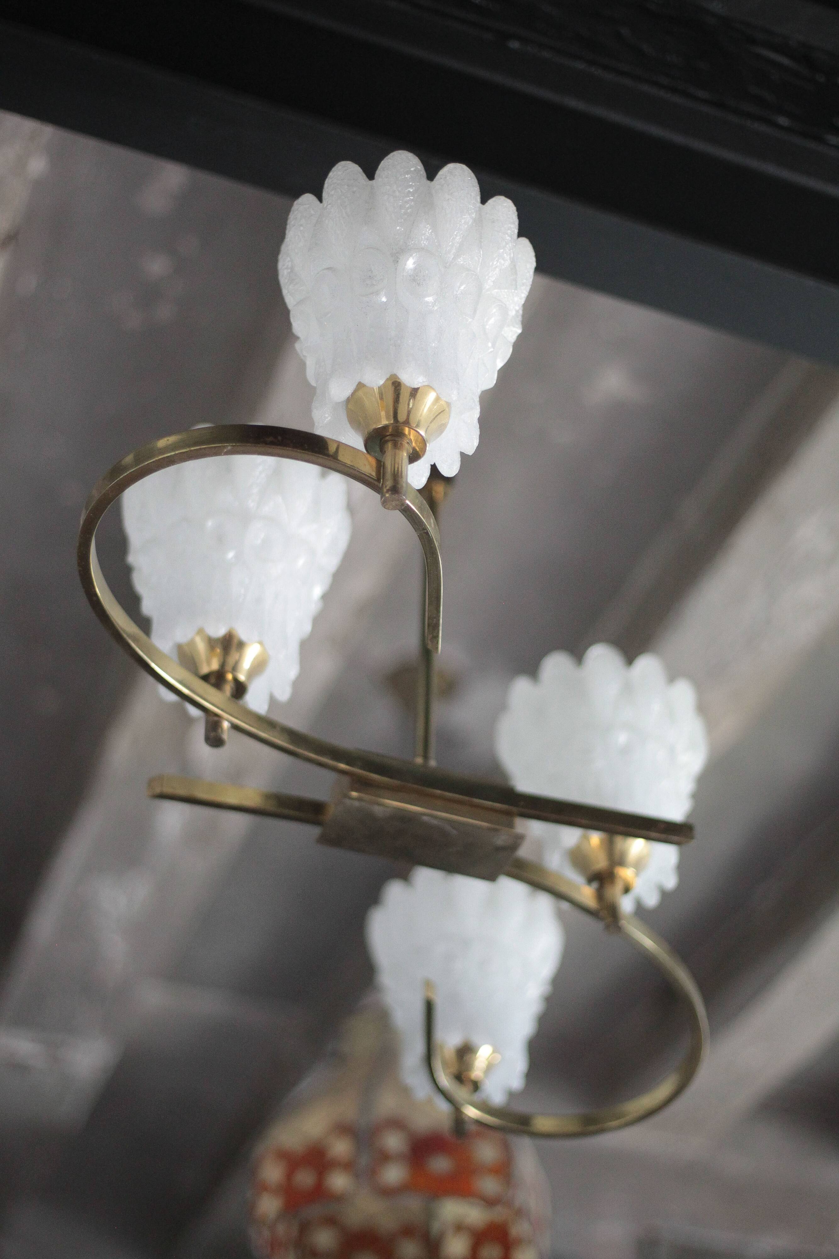 Vintage brass suspension with thick milk glass globe, brass chandelier.