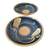 Pair of handcrafted bowls by Le Fer Rouge with blue and beige decor