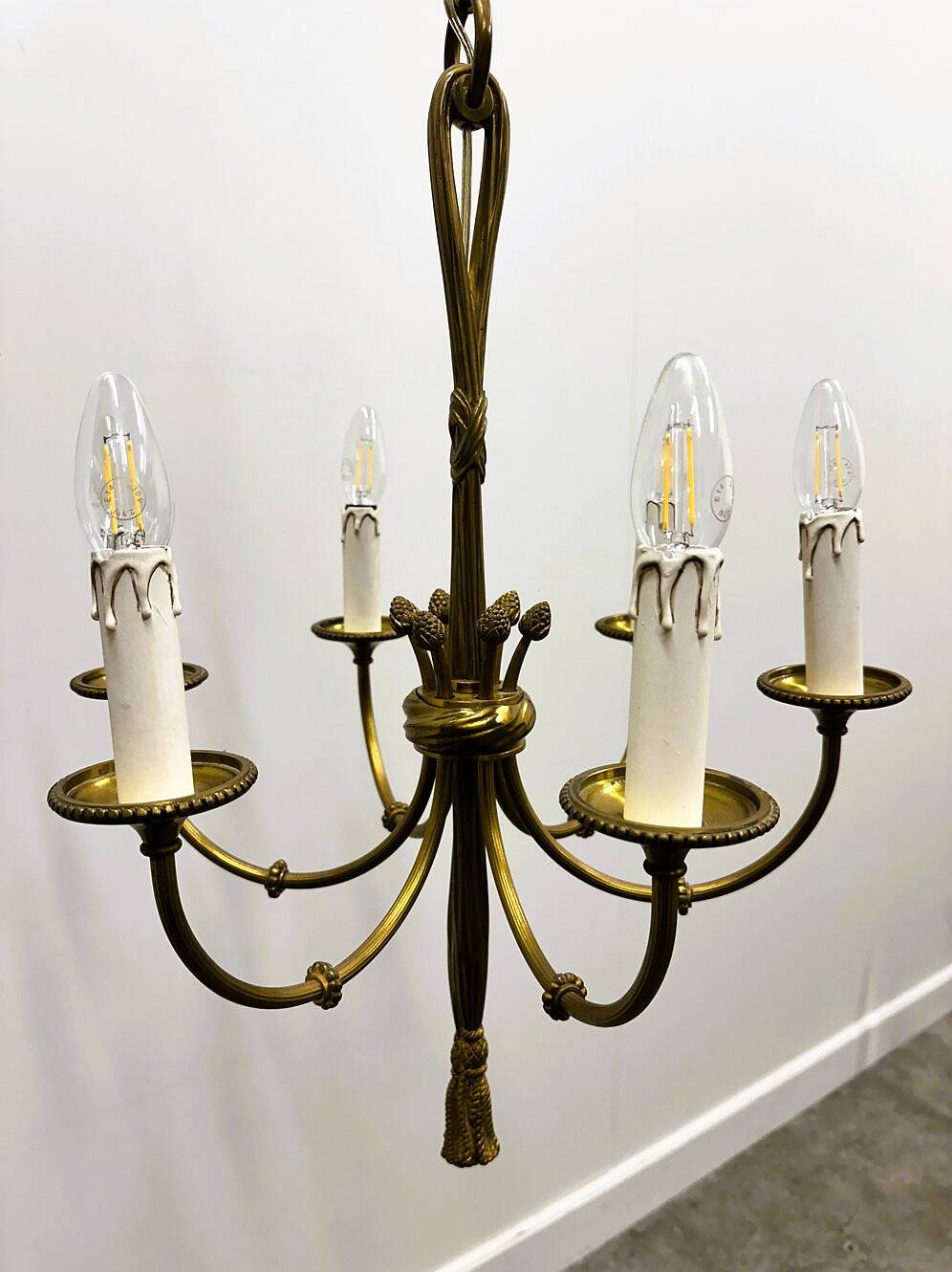 Vintage brass rope & tassel chandelier with 6 lights, France, 1950s