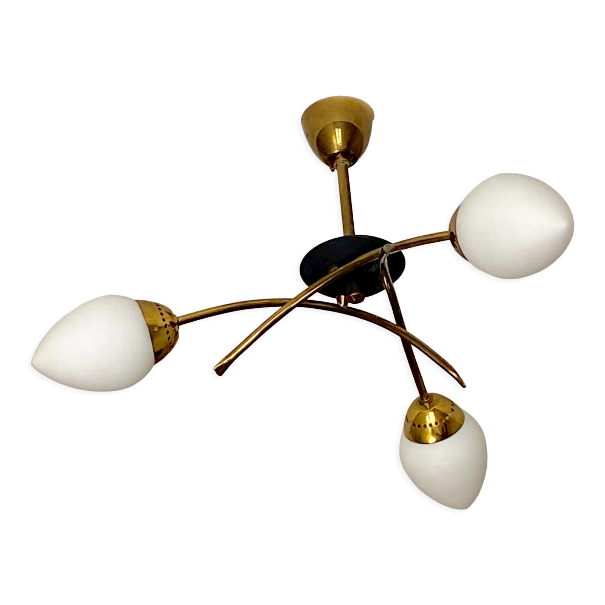 Chandelier 3 fires modernist metal and brass, 3 opalines 60s french design ceiling lamp suspension