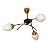 Chandelier 3 fires modernist metal and brass, 3 opalines 60s french design ceiling lamp suspension