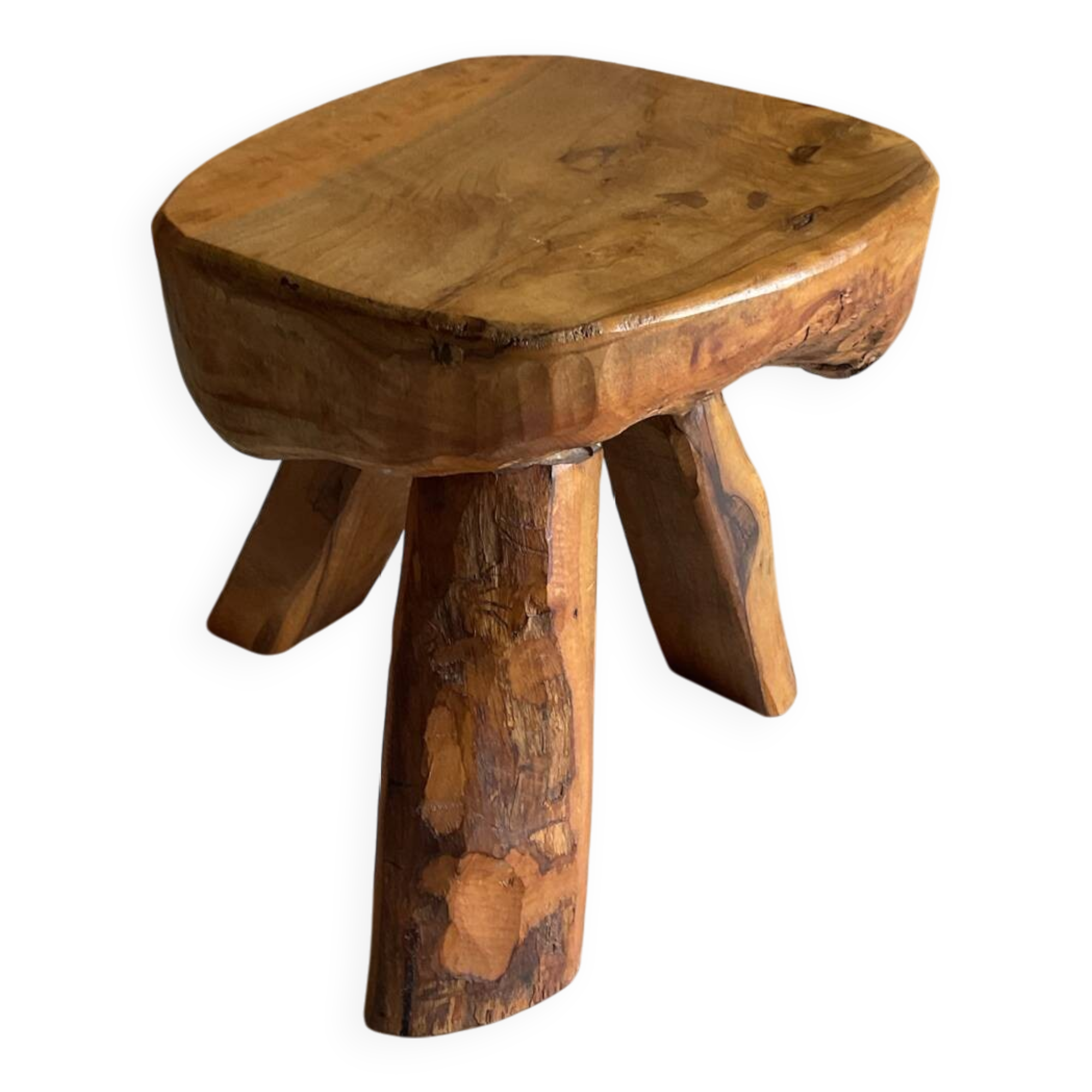 Tabouret tripode brutaliste bois Olivier design 50/60