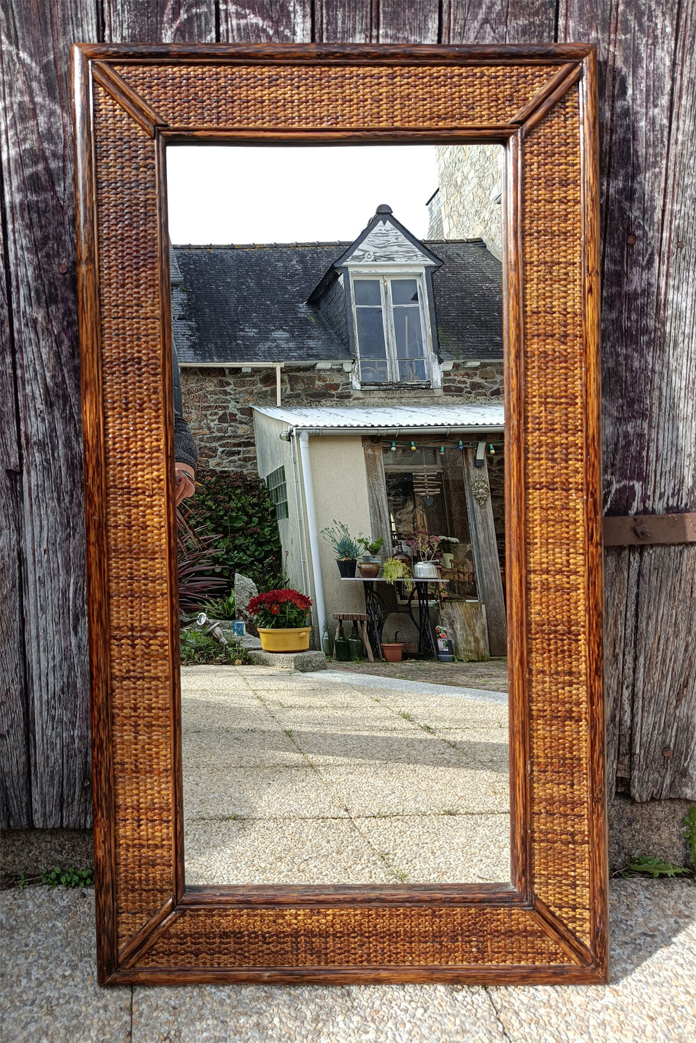 Mirror maugrion, bamboo and rattan, vintage, 80s