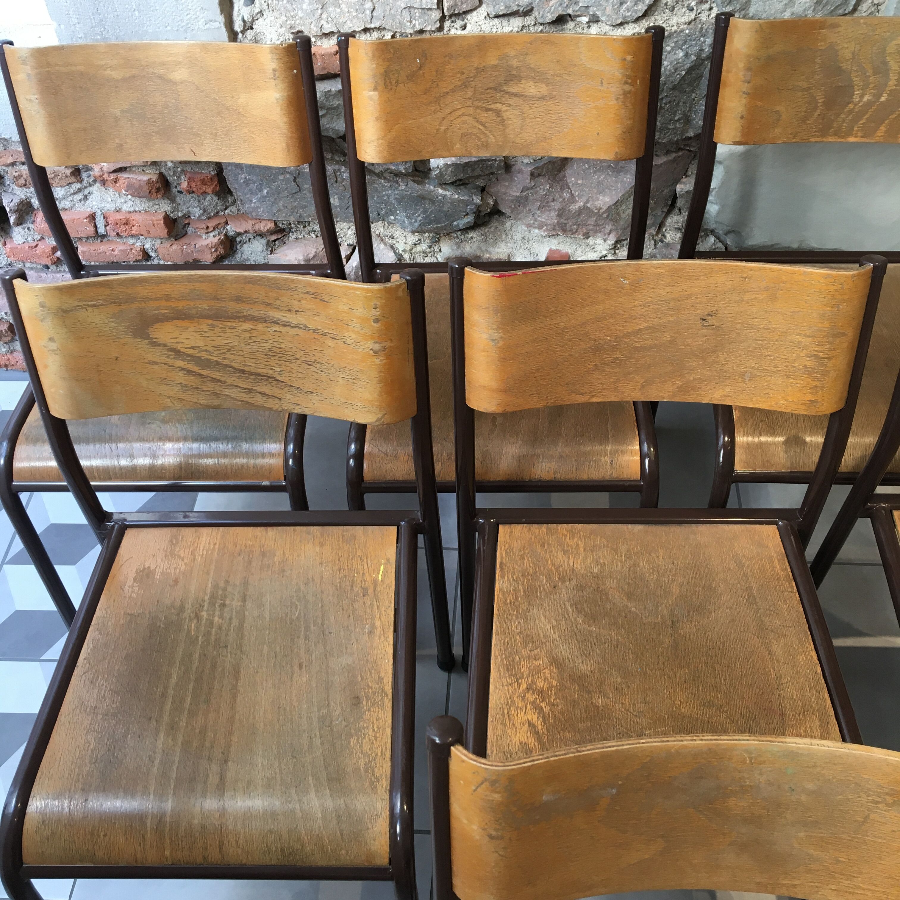 Set of 7 curved back school chairs