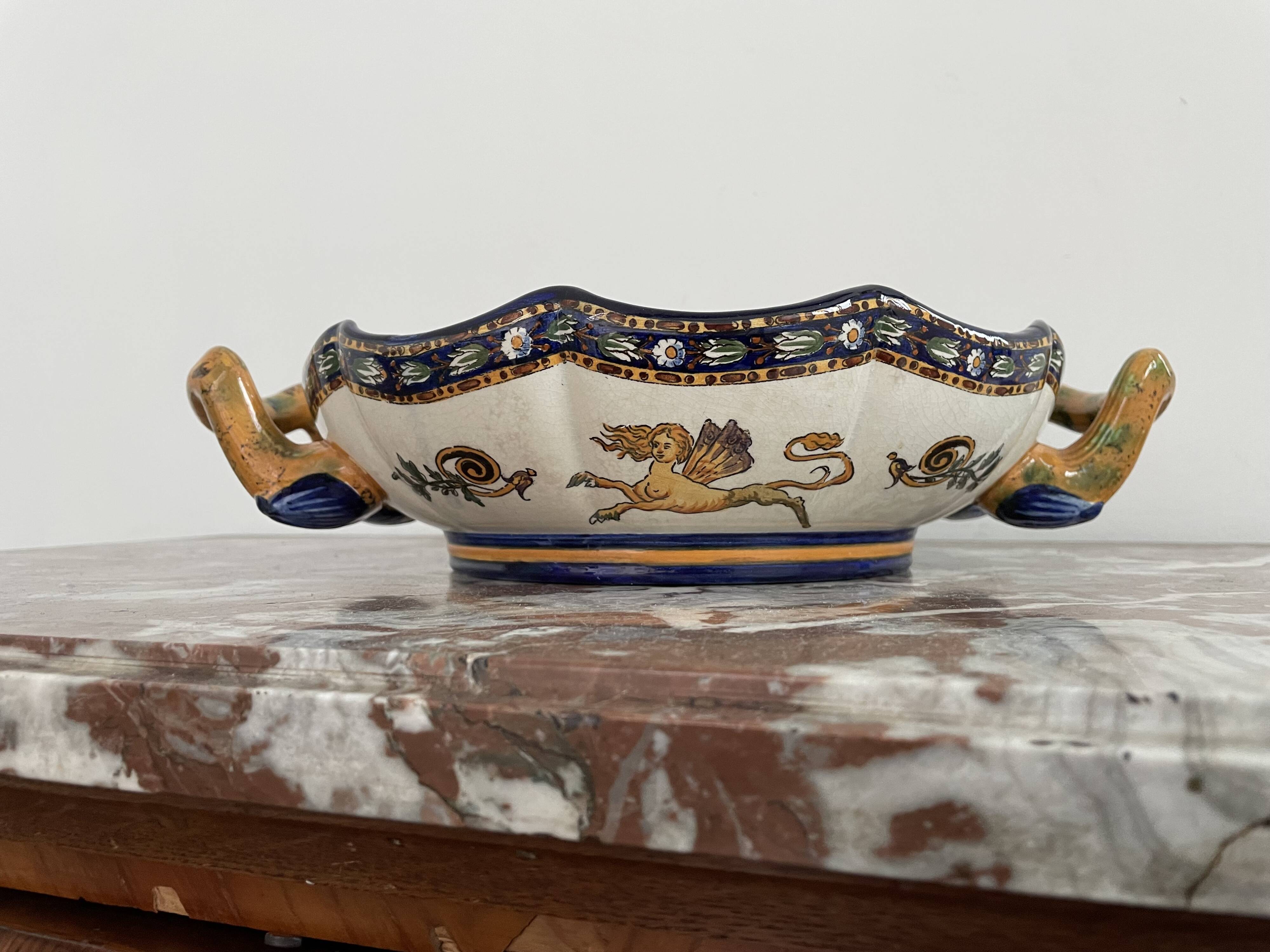 Antique, flat, bowler cup, centerpiece, Gien earthenware, nineteenth century, Renaissance décor