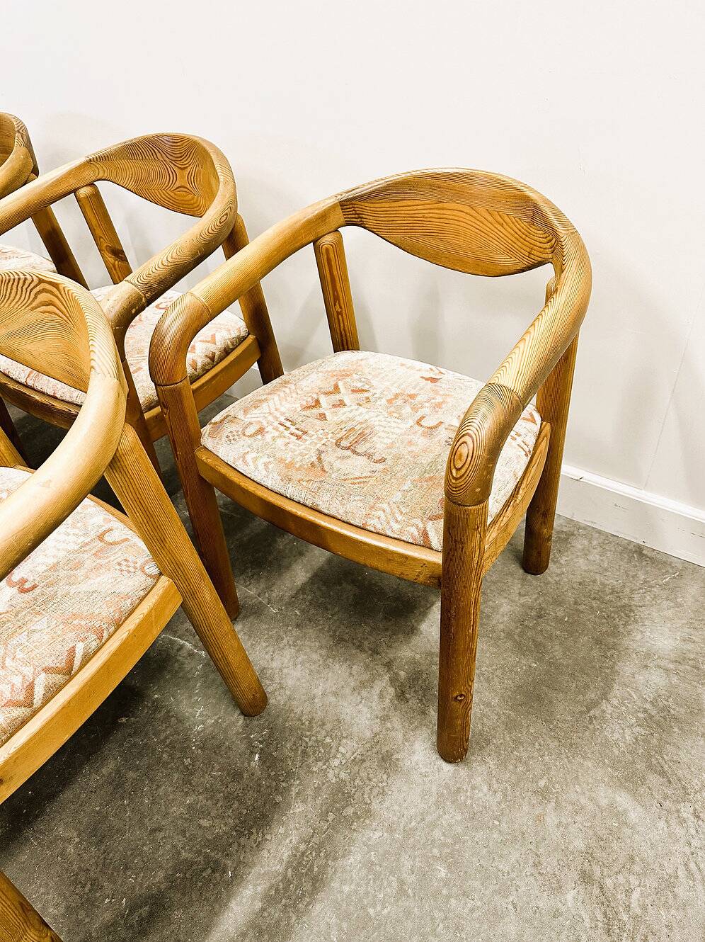 Set of six Rainer Daumiller pine wood arm chairs, 1970s