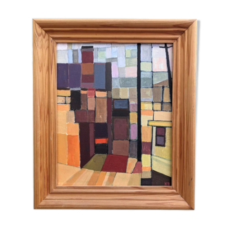 Vintage cubist oil painting "Cubist View" from the mid-century, framed.