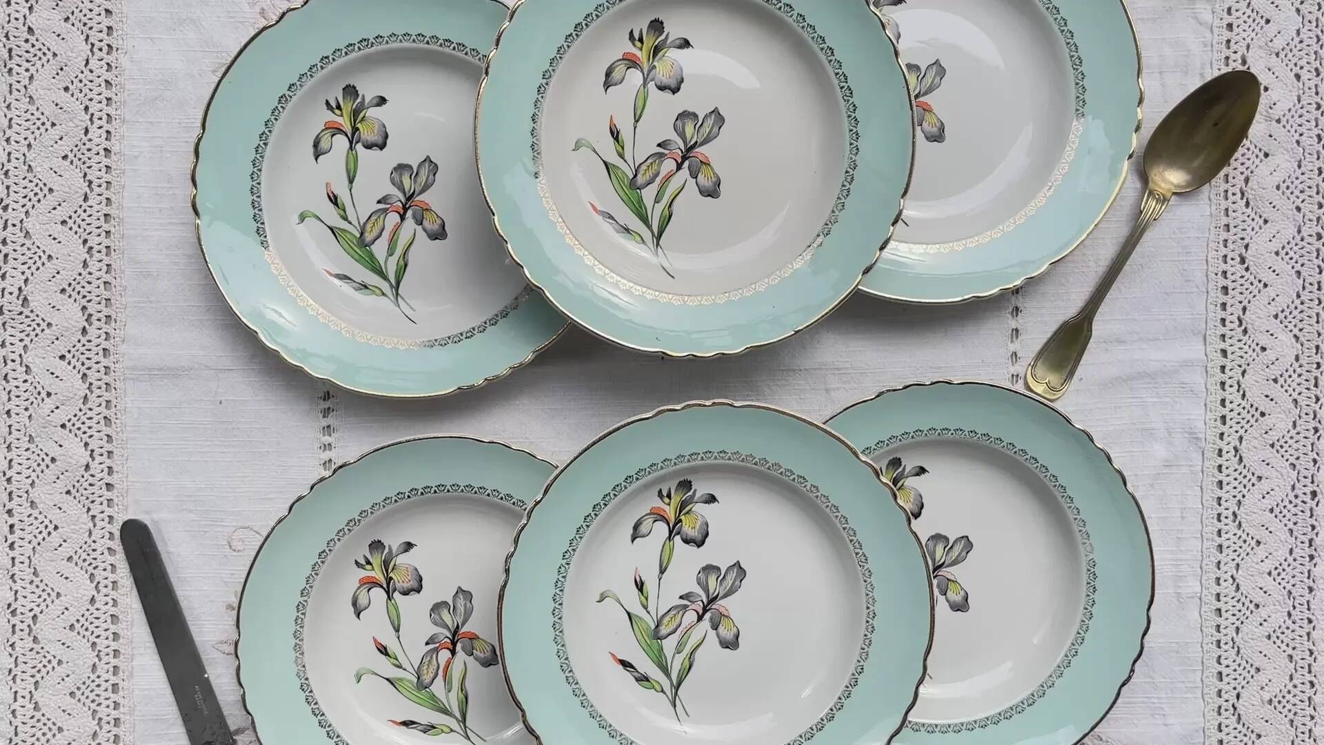 6 vintage white and green porcelain soup plates Iris Moulin des Loups "Sargosse" 1950s
