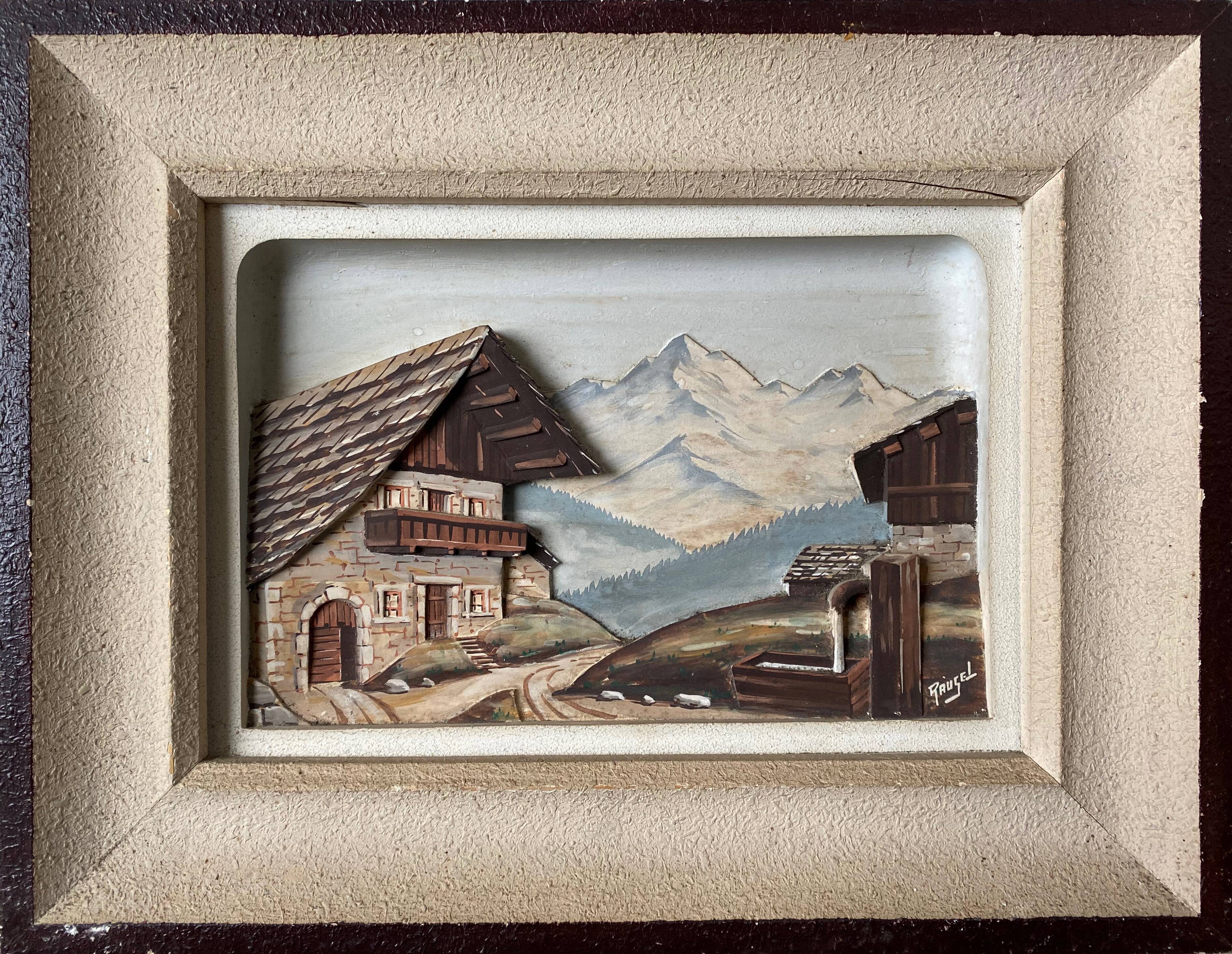Painting hsp bas relief mountain snow chalet signed f. raugel circa 1950/60