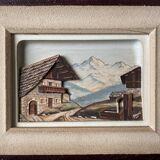 Painting hsp bas relief mountain snow chalet signed f. raugel circa 1950/60