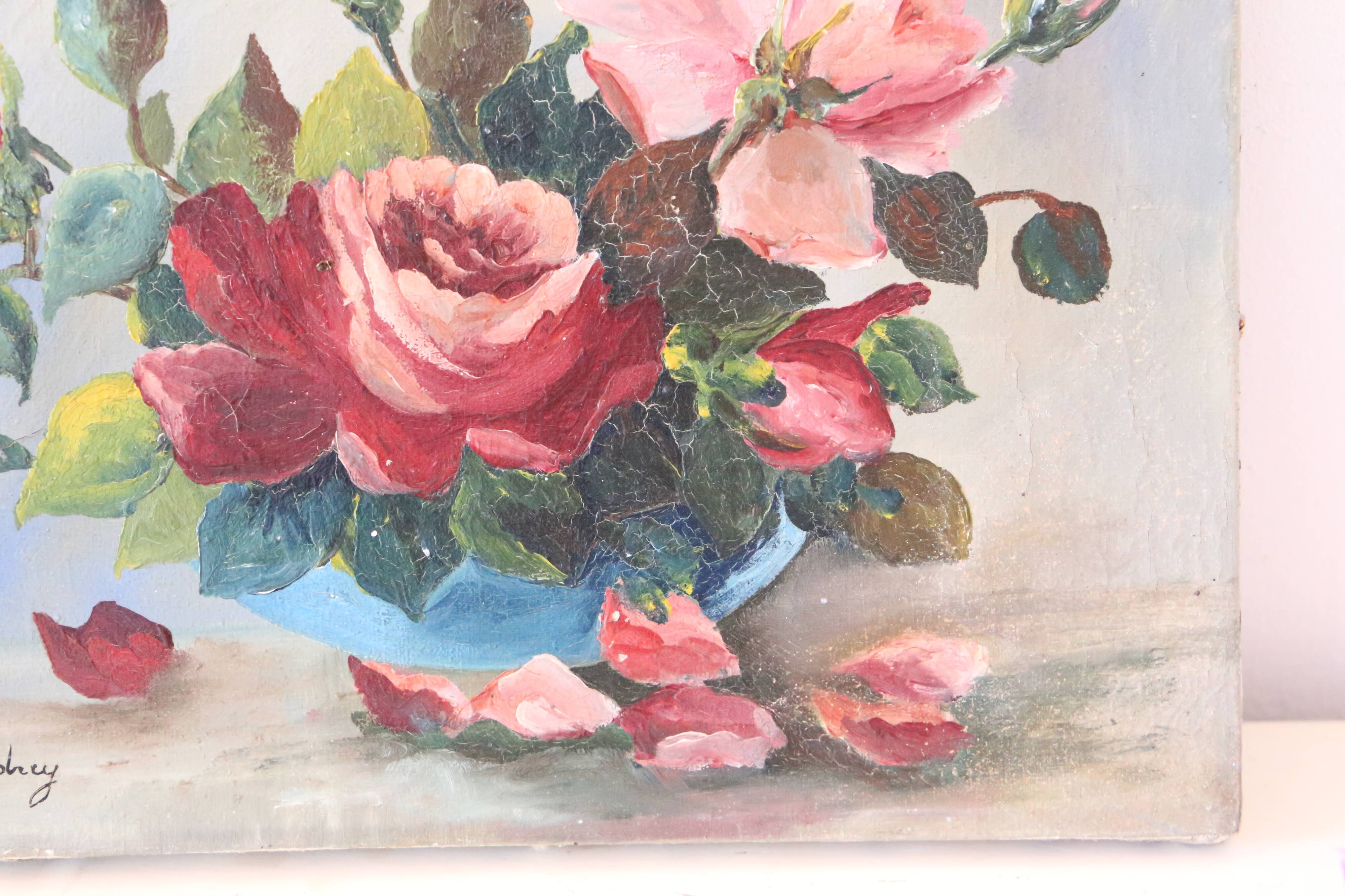 Painting bouquet of flowers, still life, signed Louis Andrey, oil on canvas, mid-twentieth