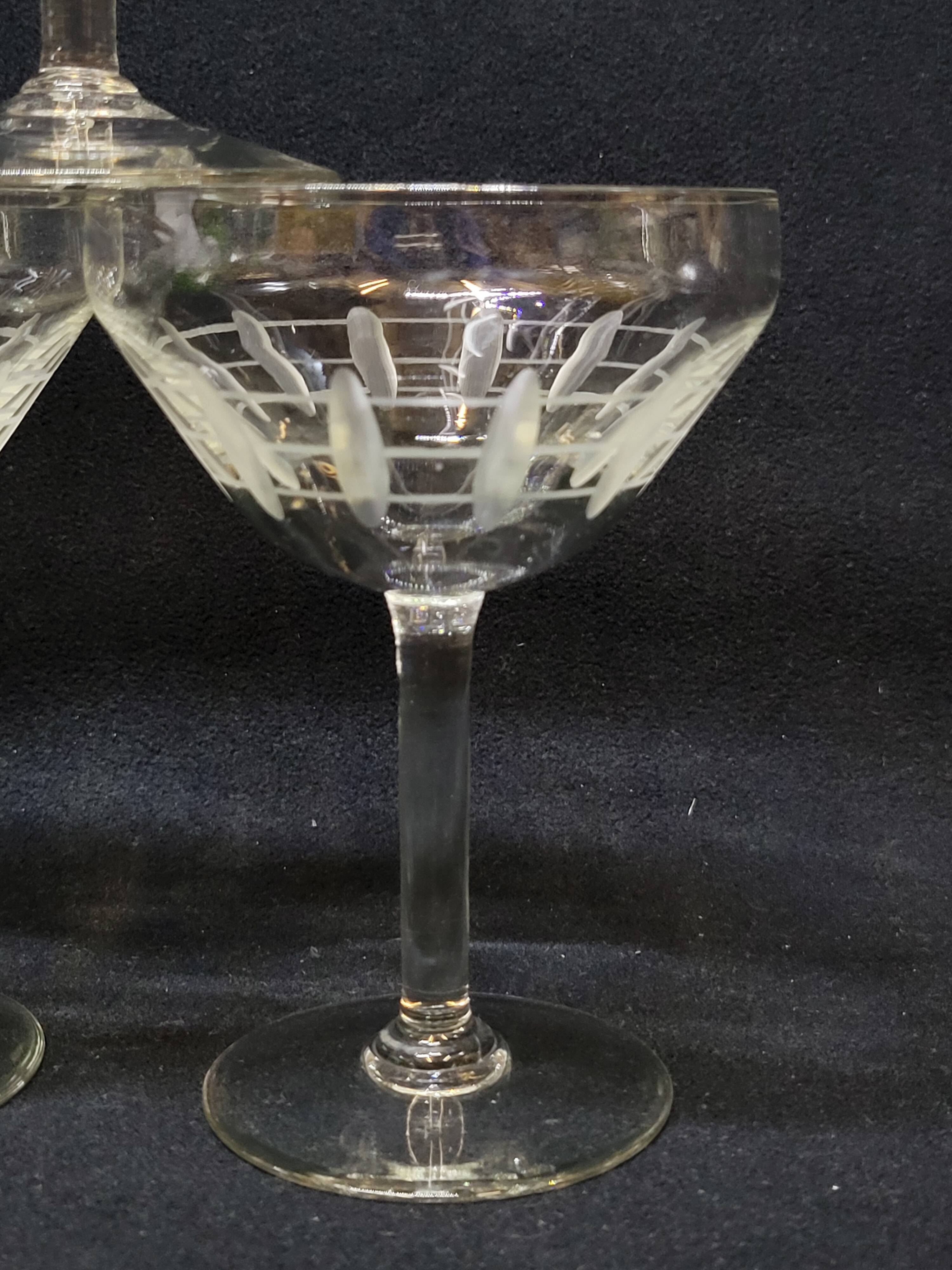 5 Antique Art Deco Palmette Cut Crystal Champagne Glasses
