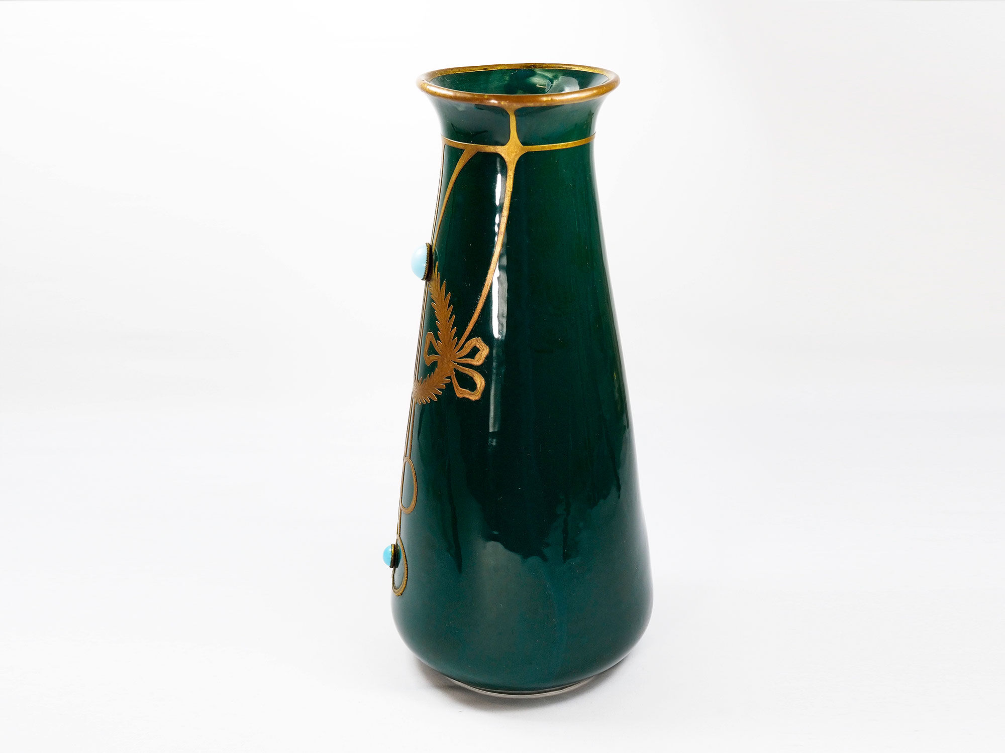 Antique secession vase in ceramic green glaze with copper & turquoise-1900s
