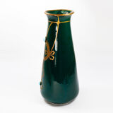 Antique secession vase in ceramic green glaze with copper & turquoise-1900s