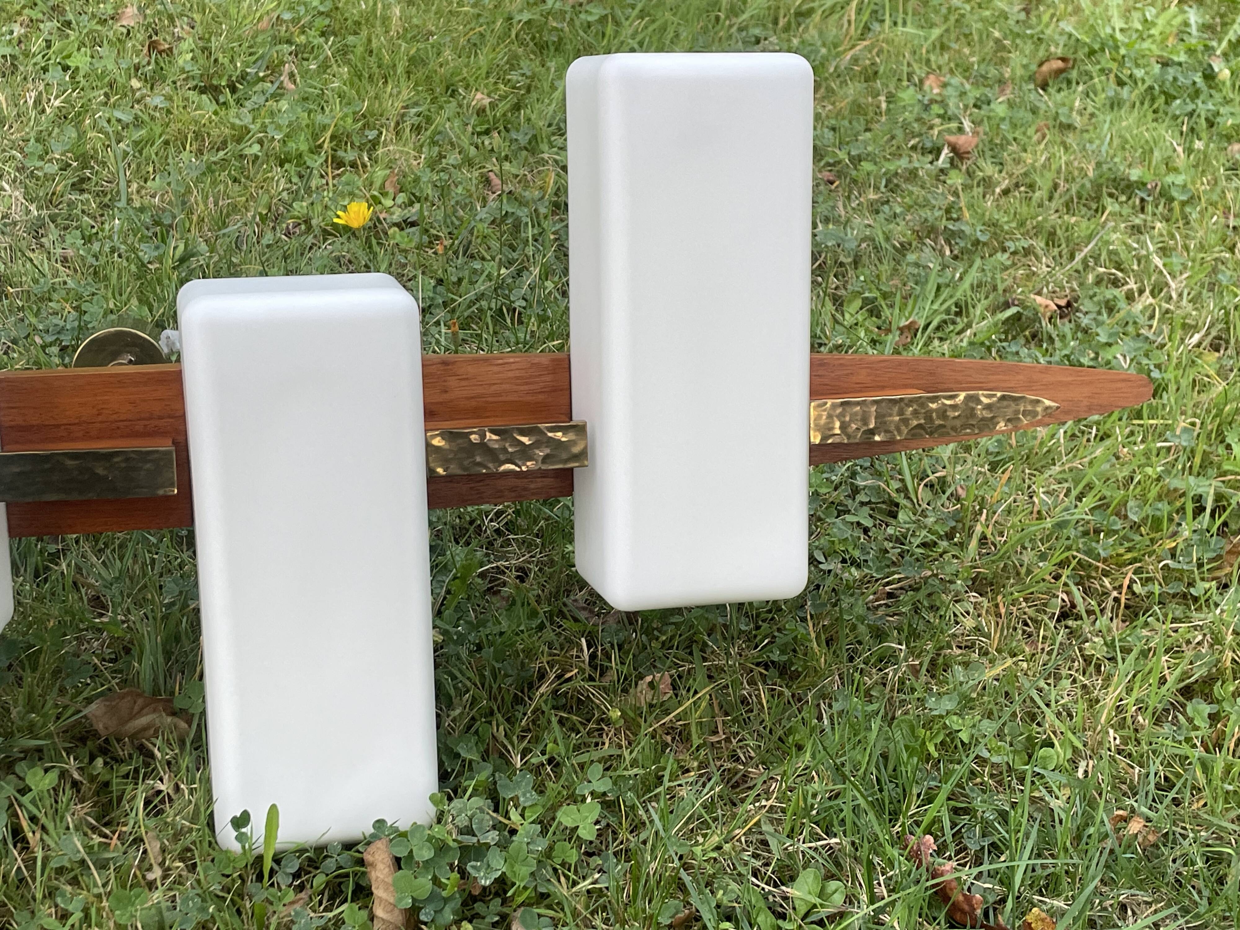 Scandinavian chandelier, brass, precious wood, 4 lights, shuttle 102 x 35 x 9 cm