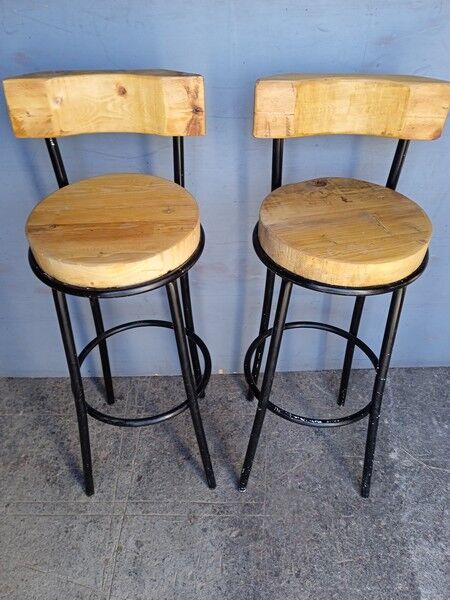Pair 2 high bar stools wood and metal