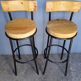 Pair 2 high bar stools wood and metal