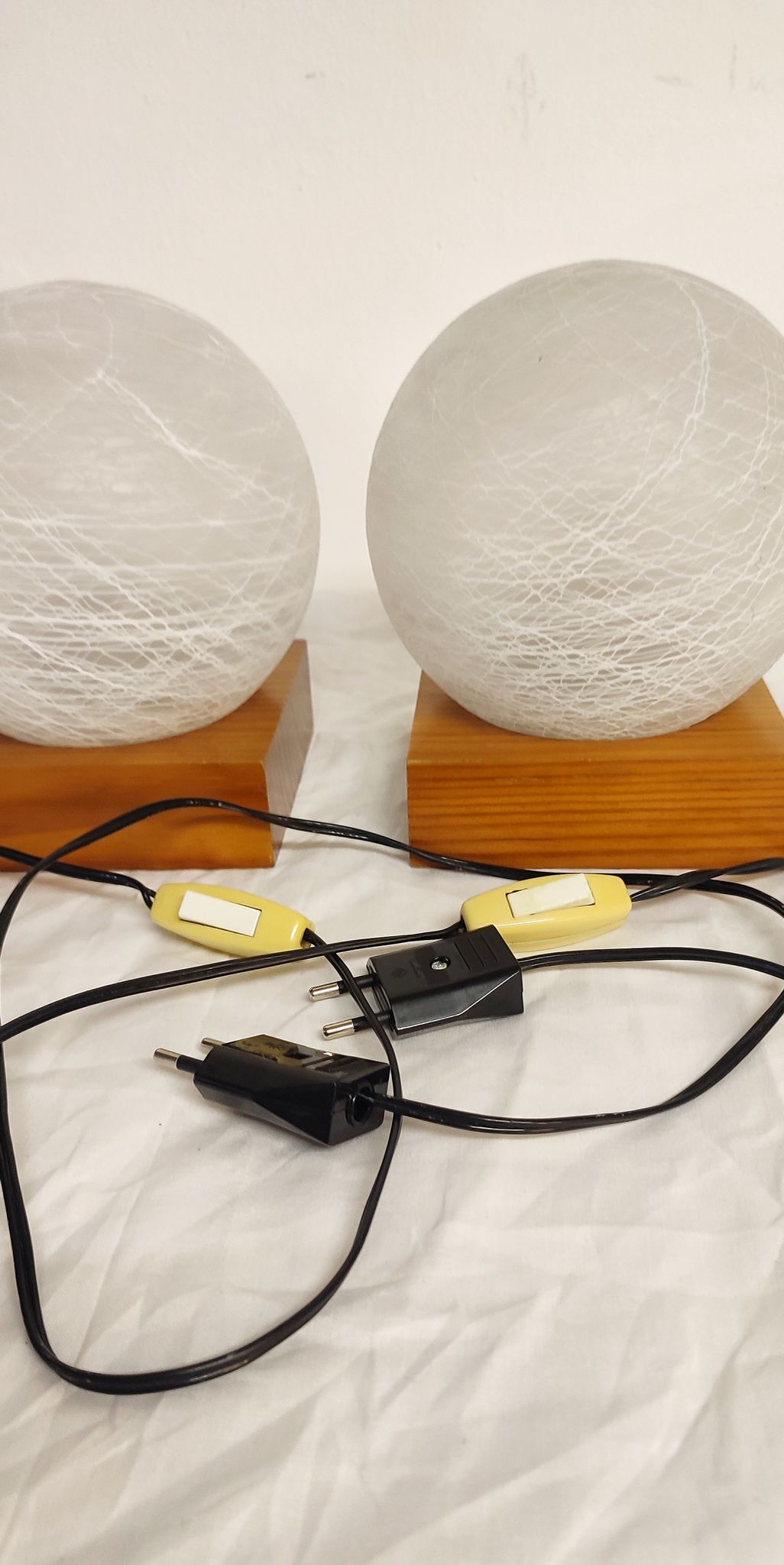 Pair of wooden and glass table lamps. Italy, 1970s.