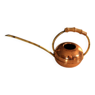 Copper and brass watering can with bamboo handle, vintage from the 1970s