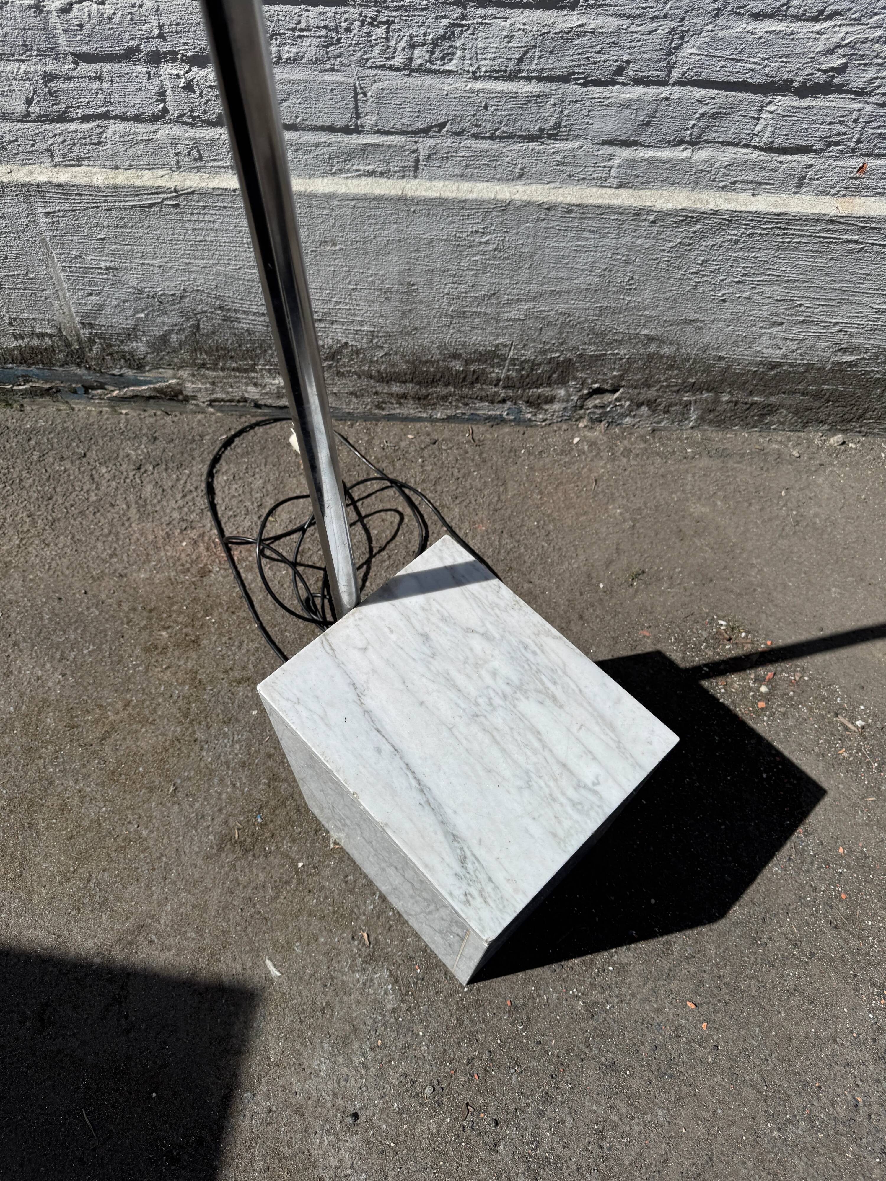 Oversized White Marble & Chrome Arc Floor Lamp — 1970s Italian Aluminum Dome