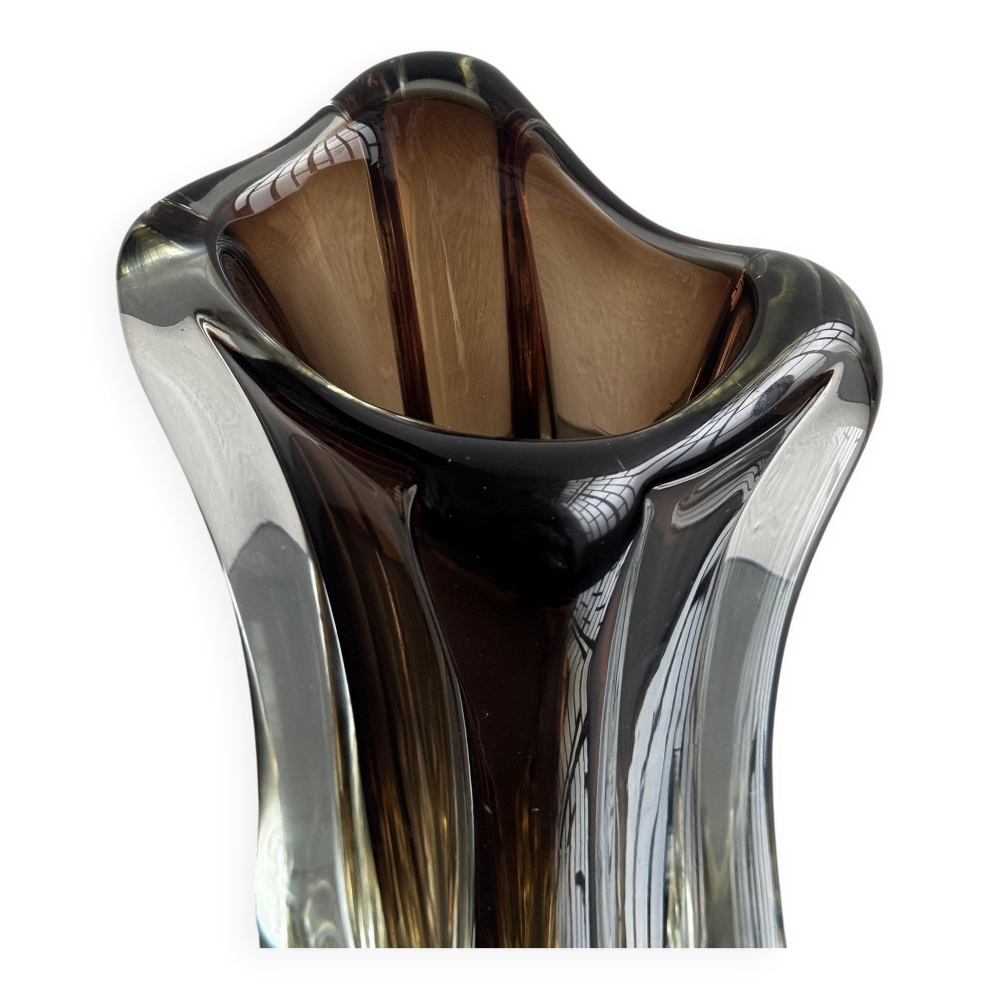 Vintage Murano-Style Art Glass Sommerso Handkerchief Vase, Amber & Clear