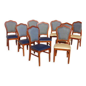 9 chaises hautes de style en bois massif merisier panachées