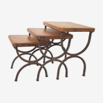 Set of 3 brutalist vintage pull-out tables, circa 1950