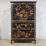 Vintage red / gold Chinese lacquer cabinet with flowers and birds