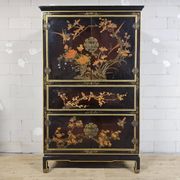 Vintage red / gold Chinese lacquer cabinet with flowers and birds