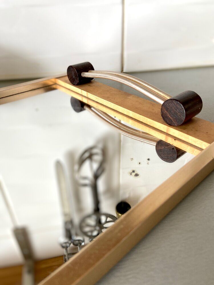 Wooden top and mirror and 8 glass ramekins