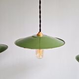 Trio of large industrial suspensions in green enamelled sheet metal.
