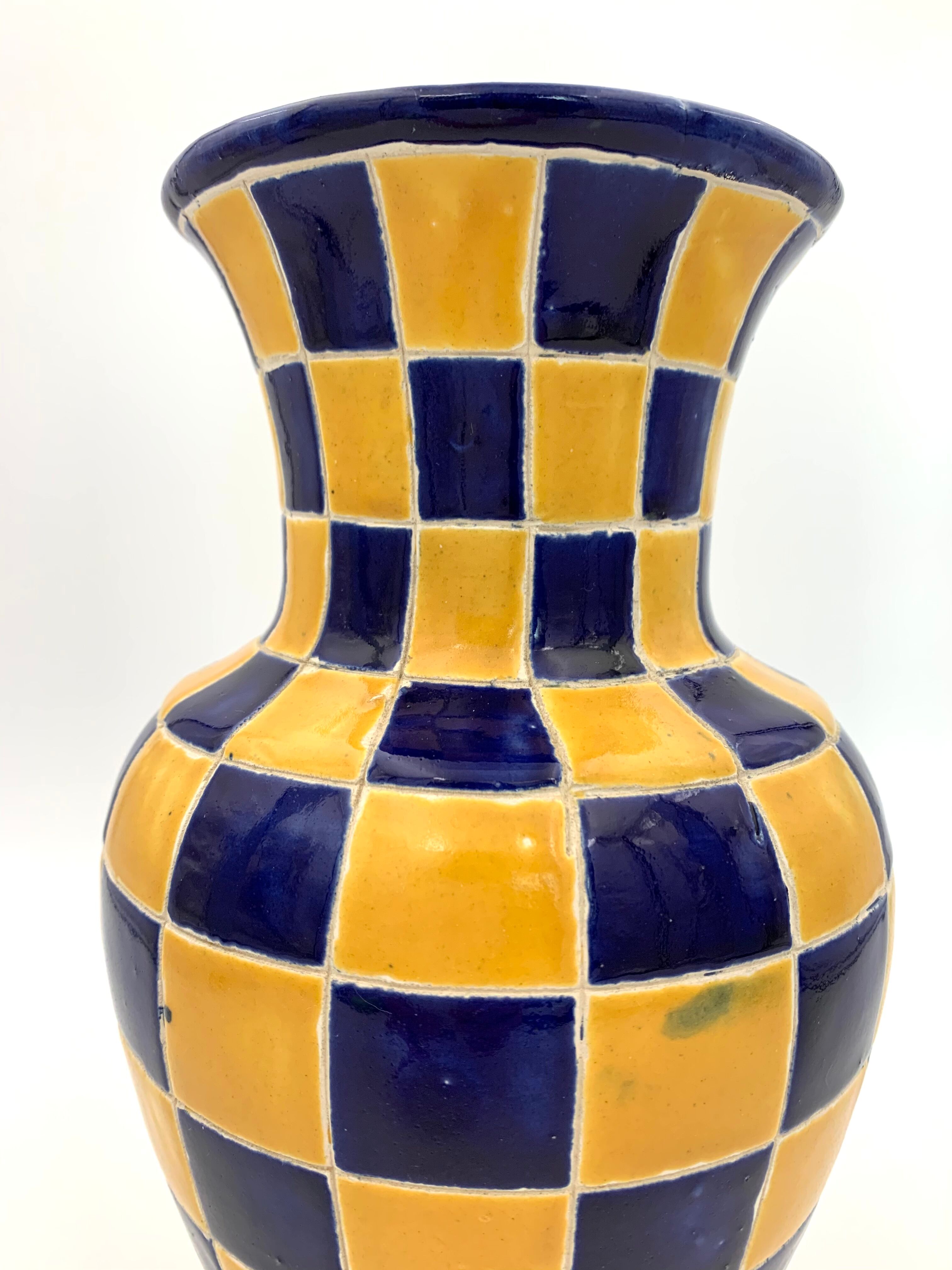 Vintage ceramic vase, blue and yellow checkerboards - 1950s-1960s