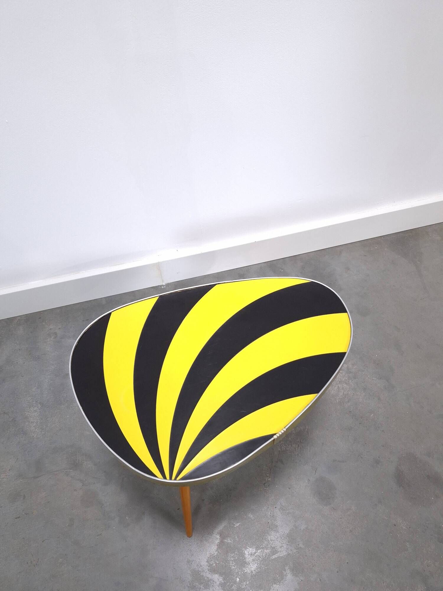 Vintage 1950s black and yellow striped formica table, plant table.