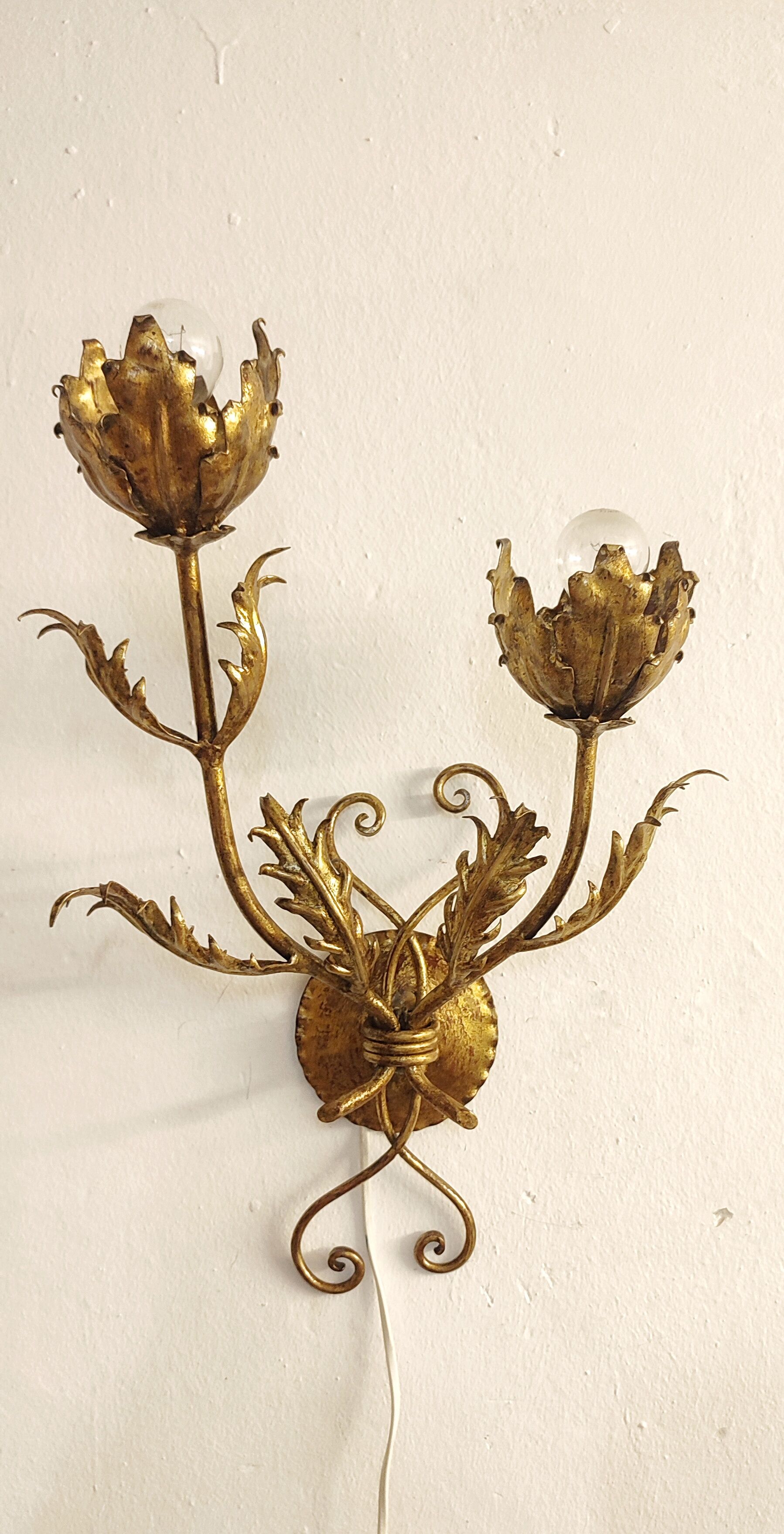 Golden wrought iron wall lamp France, 1970s