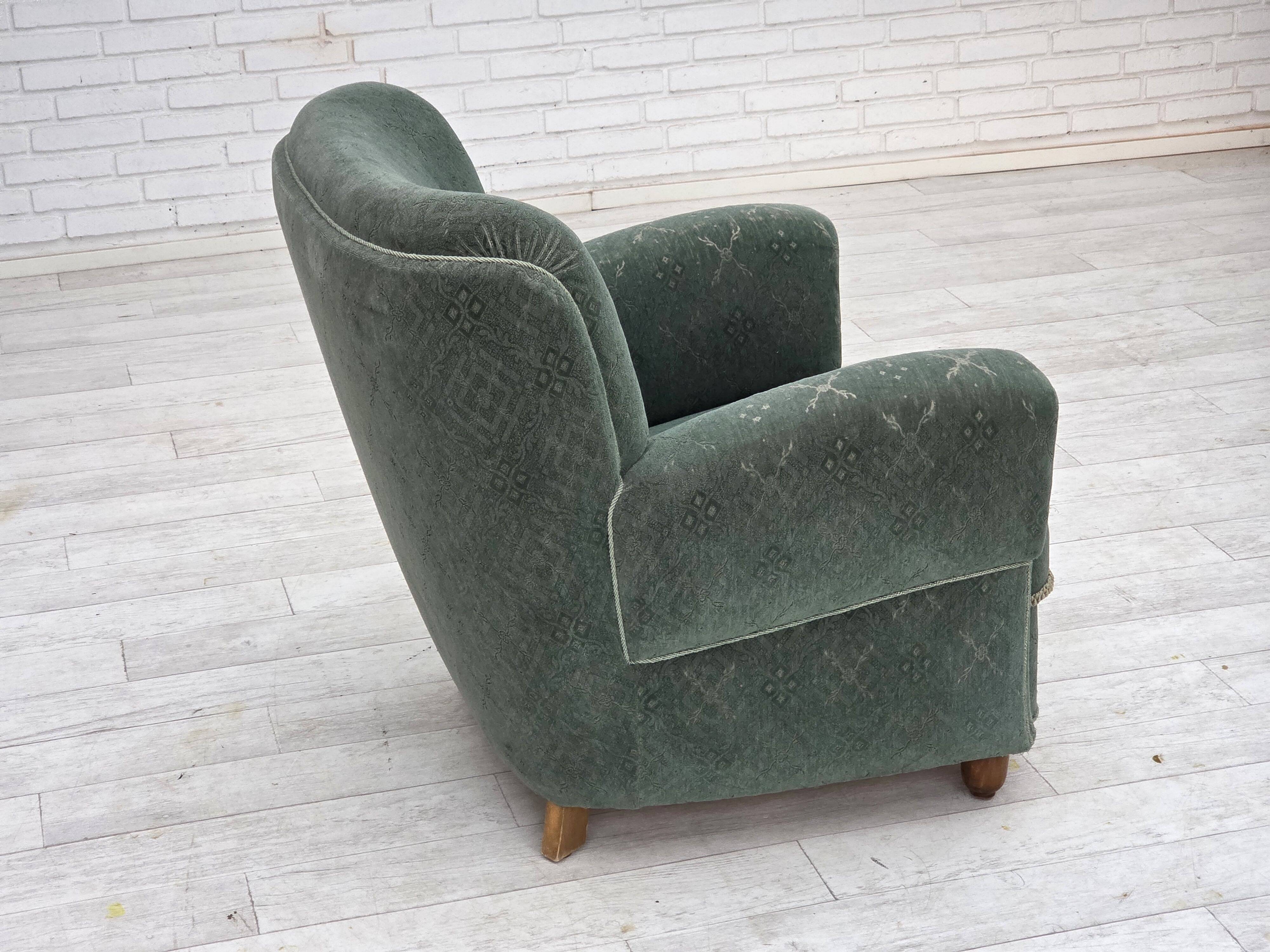 1960s, Danish armchair, light green furniture wool, oak wood legs.