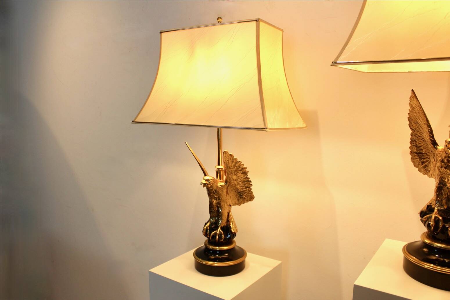 Pair of large Belgian brass carved eagle table lamps