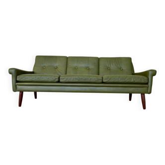 Canapé 3 places Svend Skipper vintage danois rétro en cuir vert olive