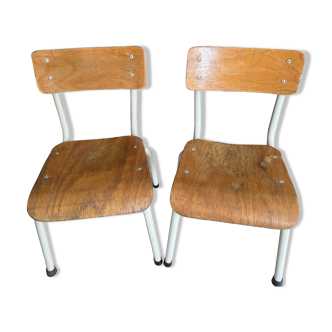 Pair of wooden and metal children's school chairs