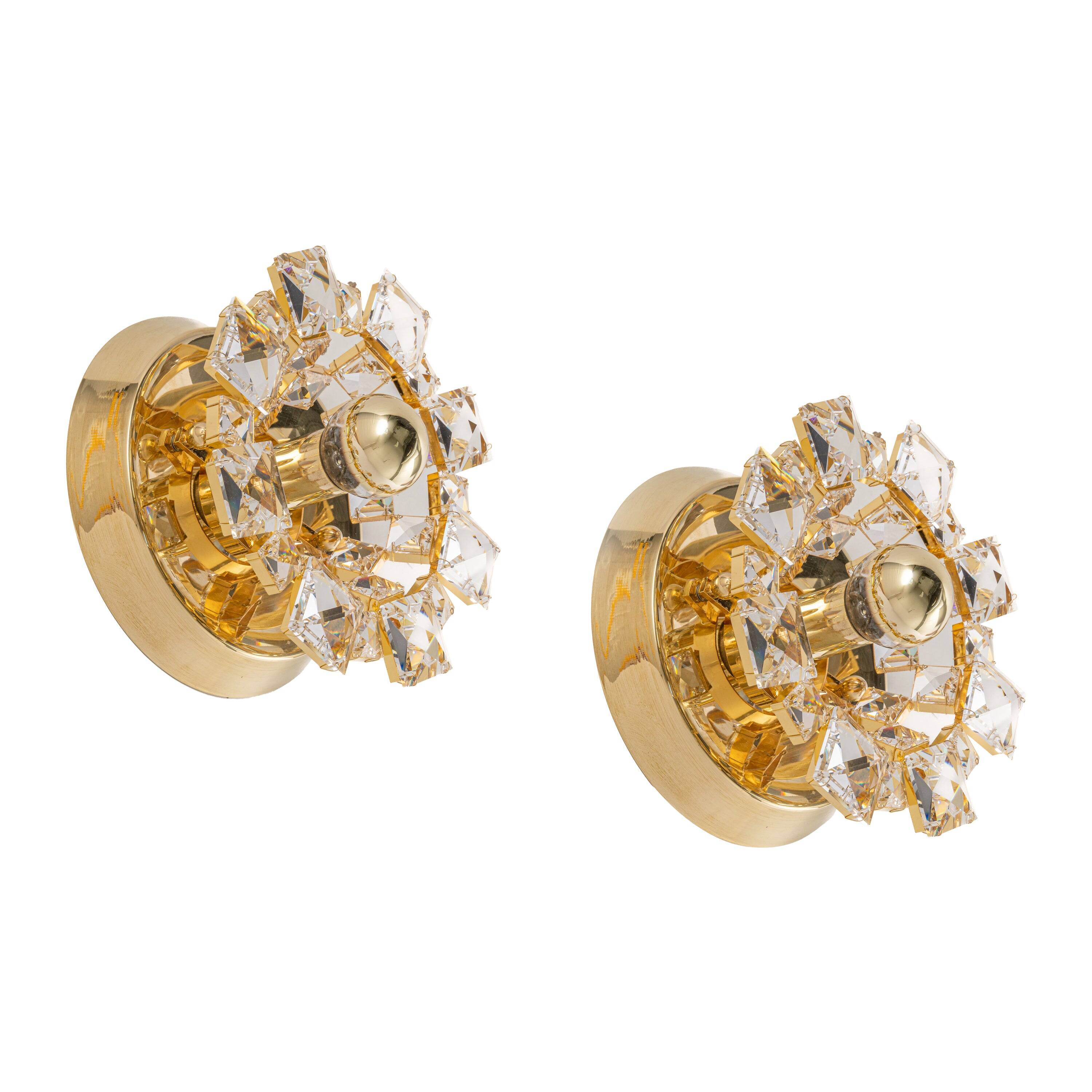 Pair of wall sconces in gilded crystal by Palwa, Germany, 1960s.
