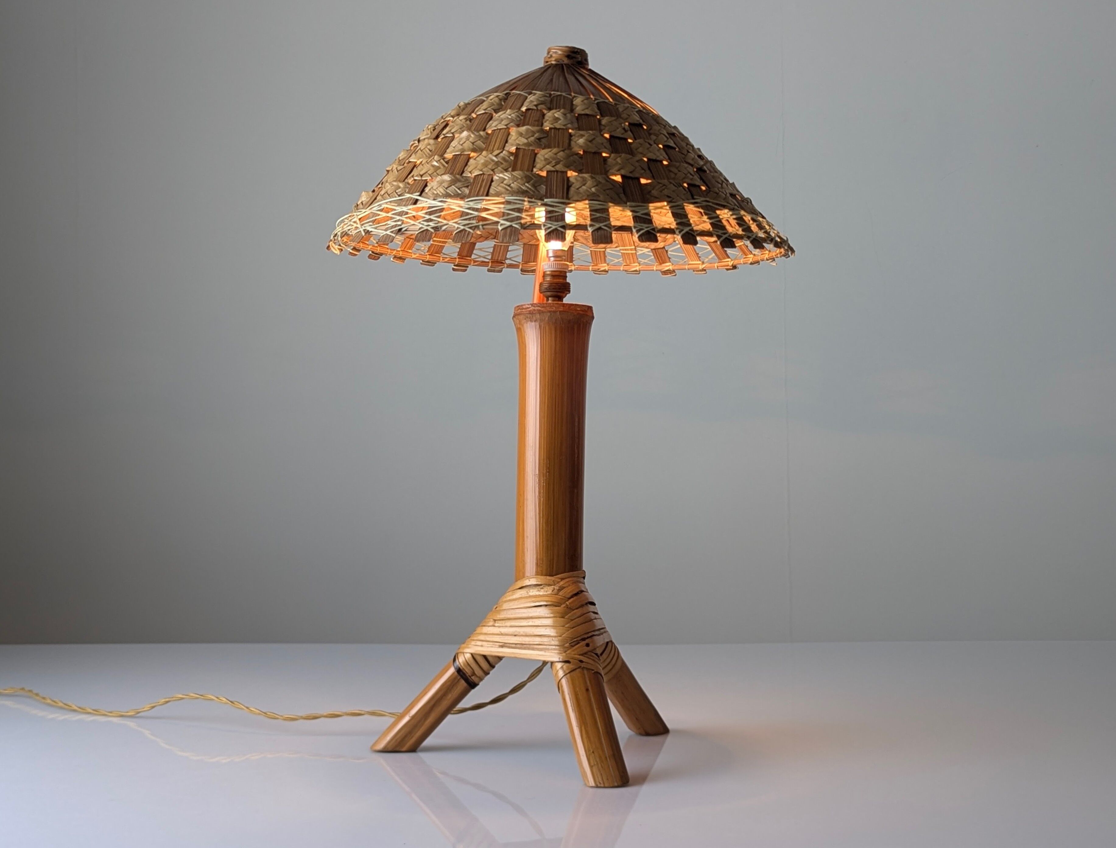 Bamboo and rattan table lamp with woven shade, 1950s