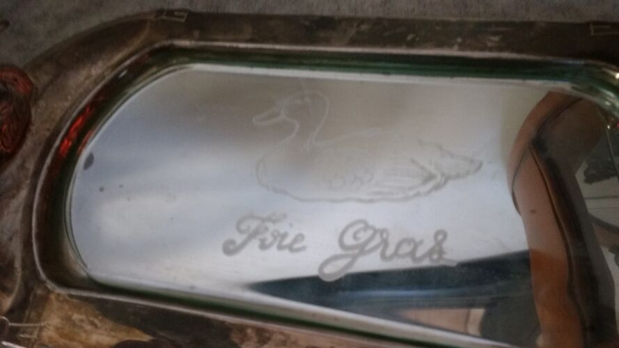 Plat service de présentation foie gras en metal argenté et verre et son porte toasts