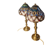set of antique brass lamps with handmade stained glass, style