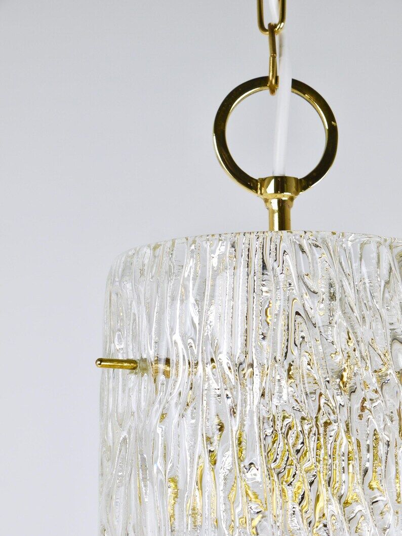 J.T. Kalmar Vienna Midcentury Textured Ice Glass Tube Brass Pendant Lamp, Austria, 1950s