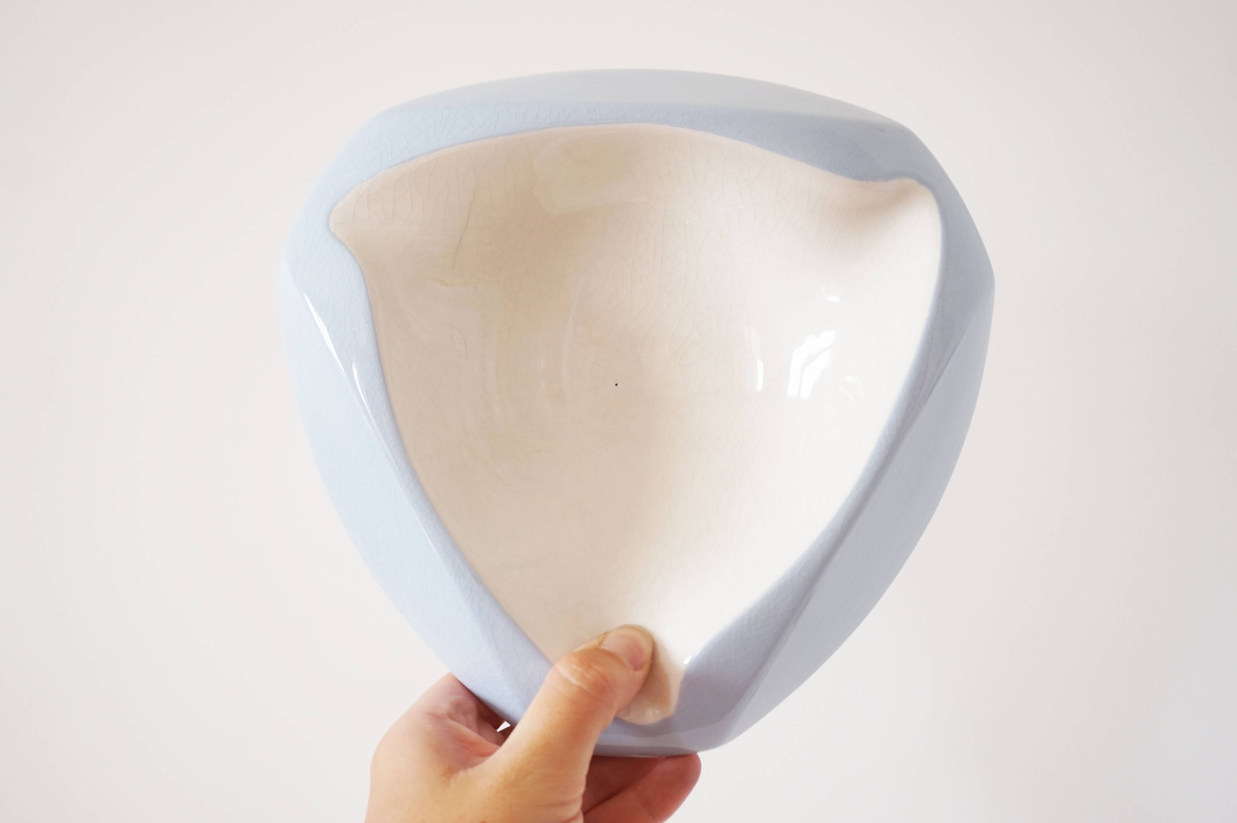 Large white and sky blue ceramic catchall from the 1950s.