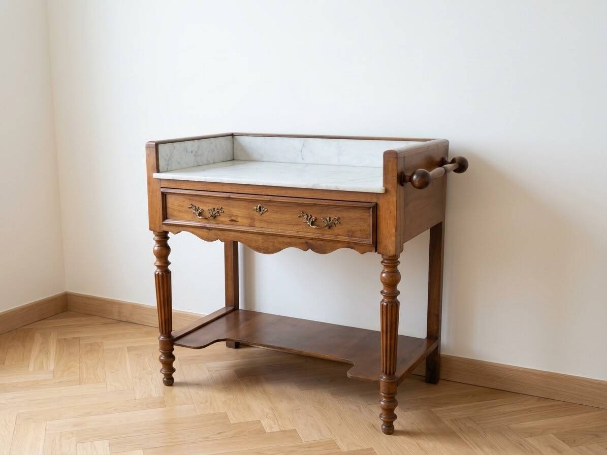 Antique dressing table in solid walnut and white marble.