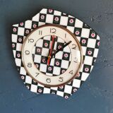 Vintage silent asymmetrical wall pendulum clock "Black and white checkered flowers"